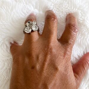 Silver Tone Crystal Flower Statement Ring Size 7/8 Missing Center Stone